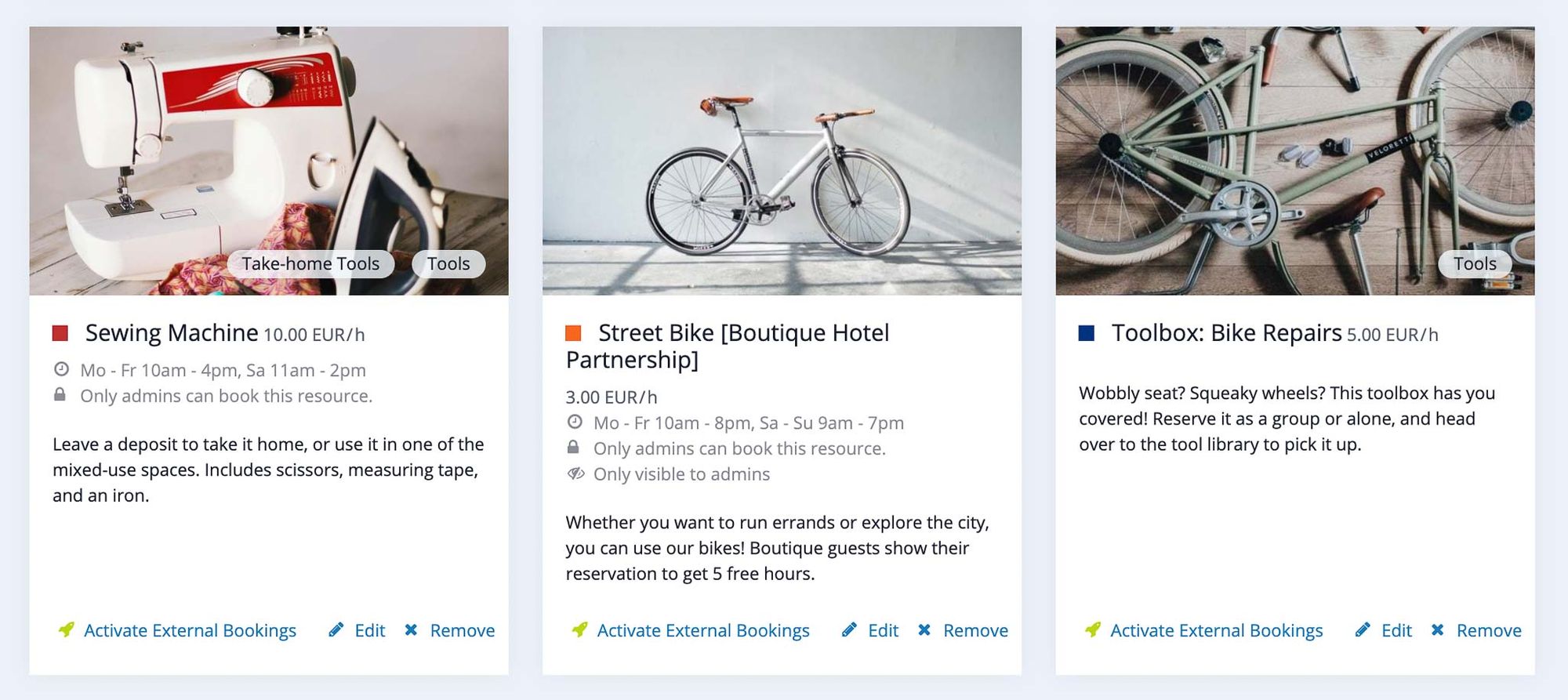 An admin view of resources in Cobot: a sewing machine resource with the tags “Take-home Tools” and “Tools,” a bicycle that’s only bookable by admins, and finally the resource “Toolbox: Bike Repairs” with the category tag “Tools.”