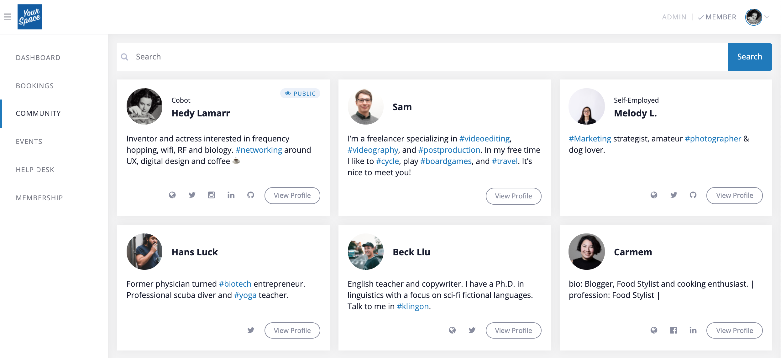 The member view of the community dashboard in Cobot. A diverse community can be seen here, with hashtags visible across the bios for everything from video-editing to klingon.