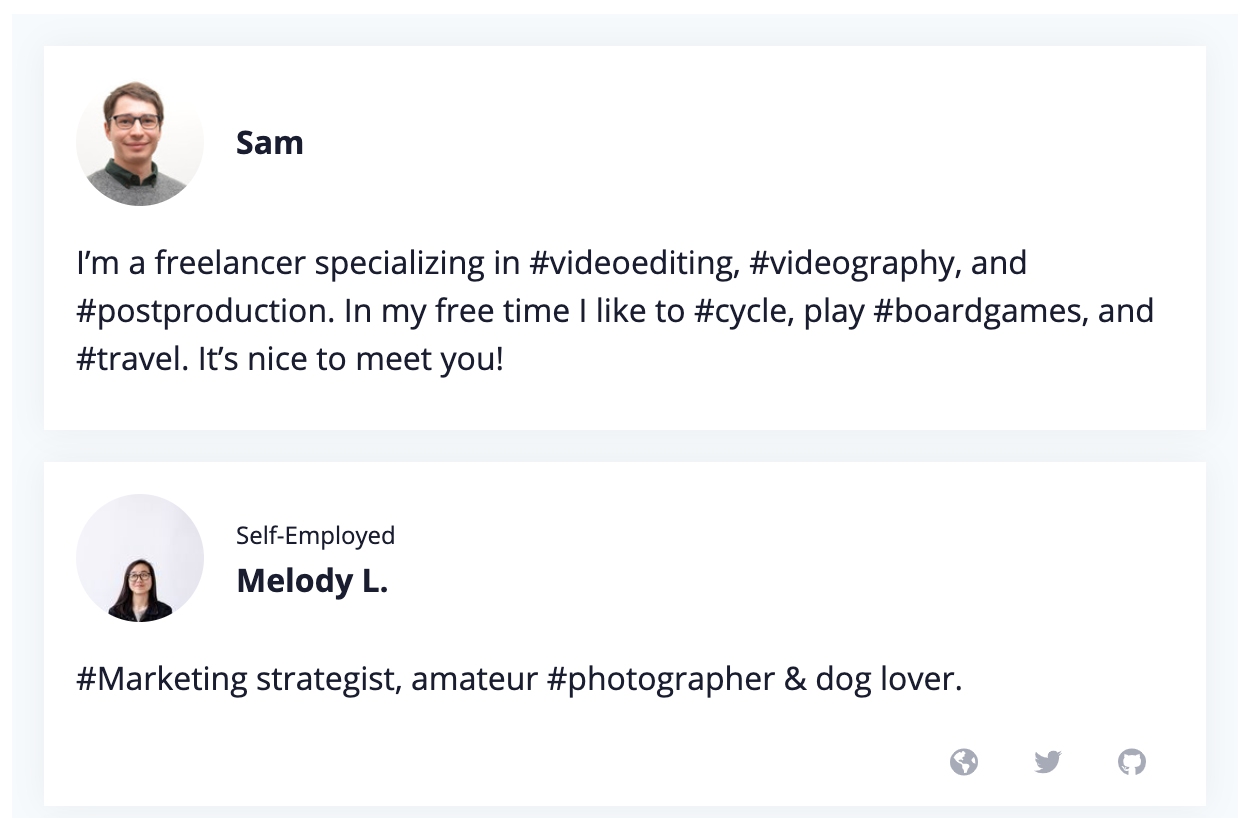 The community bios of freelancers Sam and Melody L. are shown here inside a widget, which can be copied and pasted right onto your website.