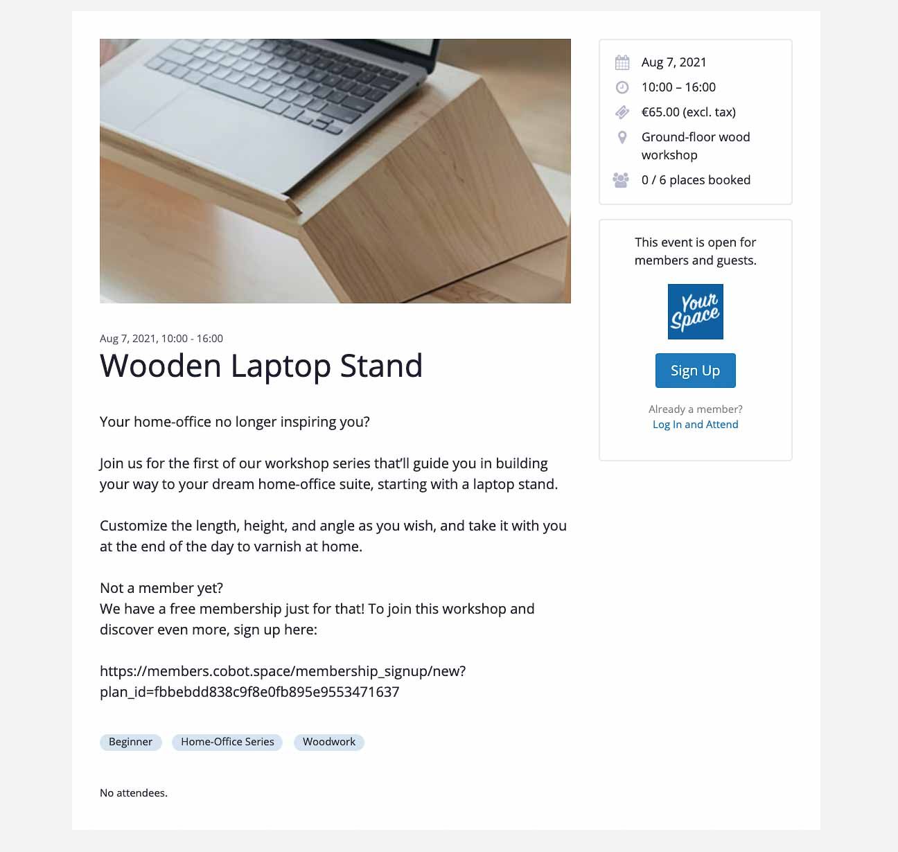 The public page of a woodworking event automatically created by Cobot to share and promote. On the right hand side, buttons allow the general public to sign up, and members to log in and attend.