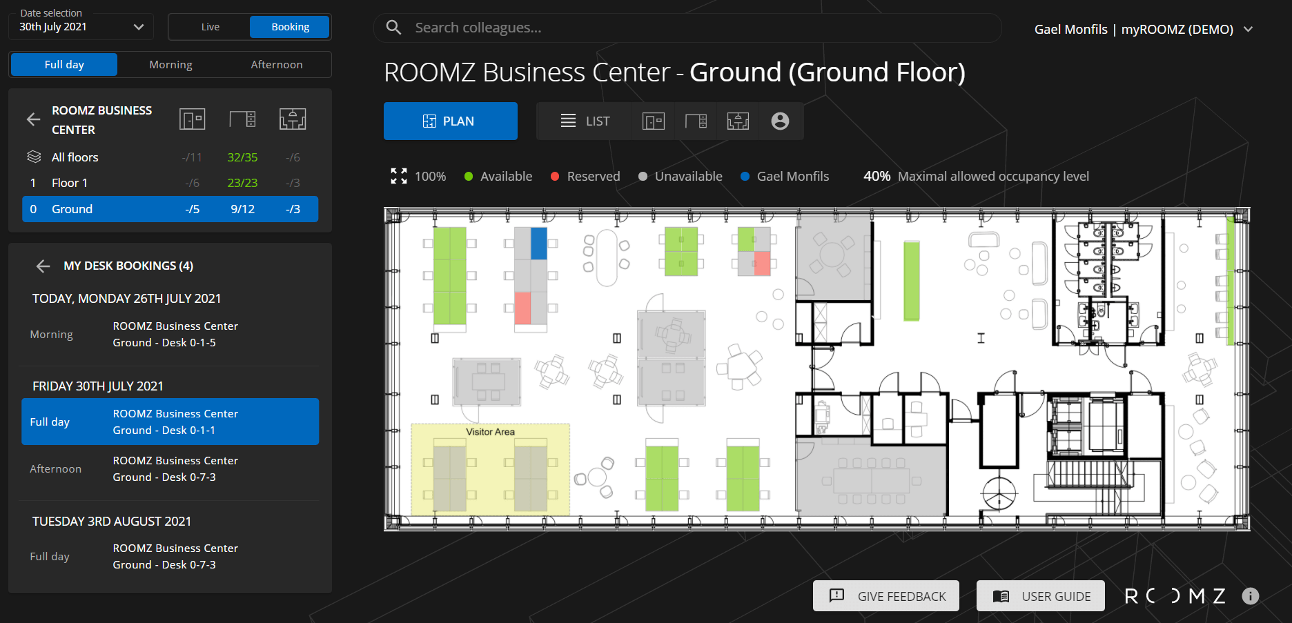 A colorful display showing the dashboard in roomz, with a setup panel on the right, and the floorplan indicating occupancy to the right.