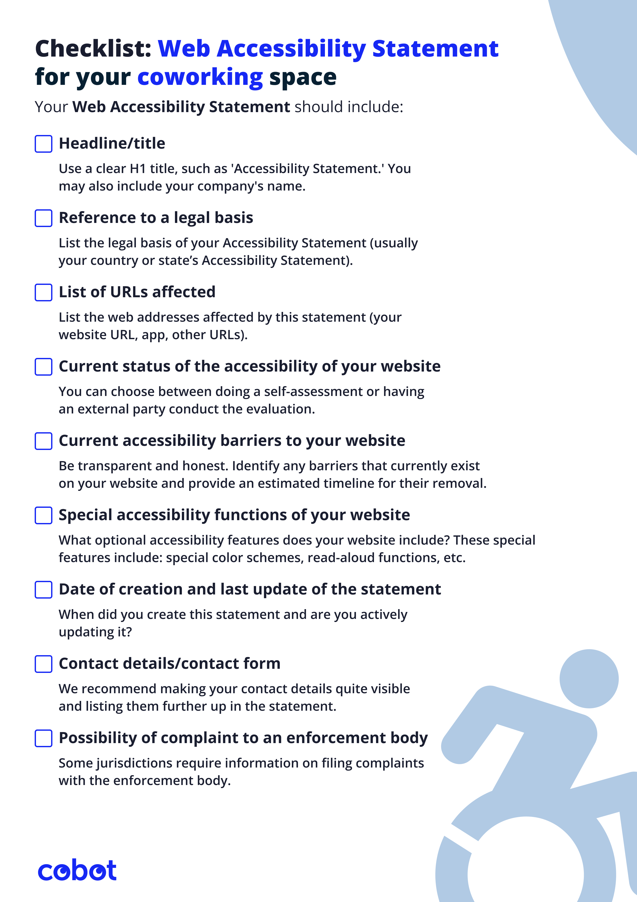 Cobot's checklist on what you Web Accessibility Statement must include for your coworking space.