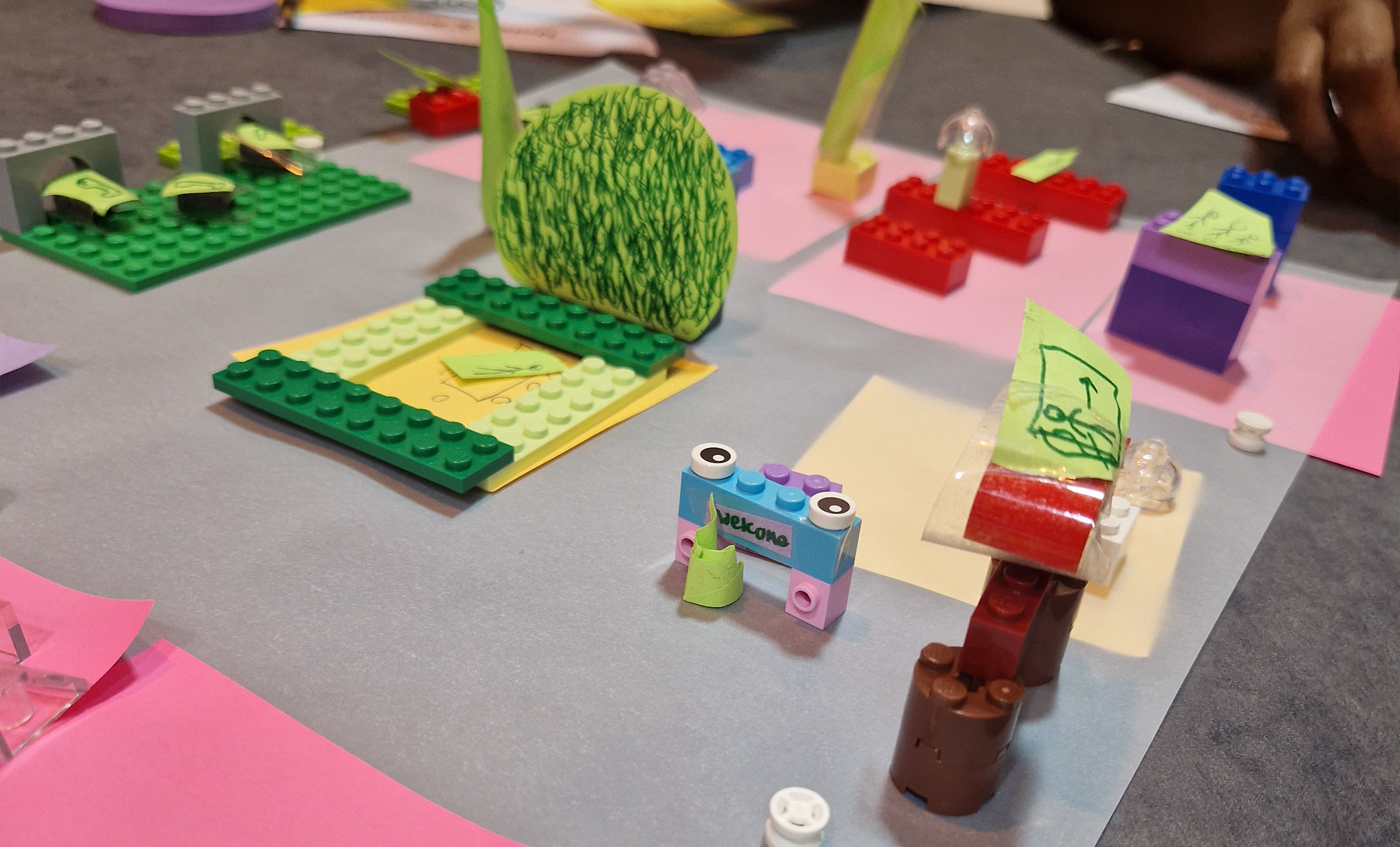 A hands-on coworking space design workshop using LEGO bricks, sticky notes, and small props to prototype creative and functional workspace layouts.