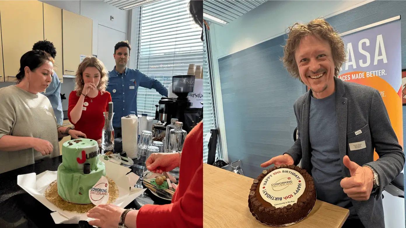 Two pictures showing the two cakes at the Coworking Swirzerland 2025 conference.