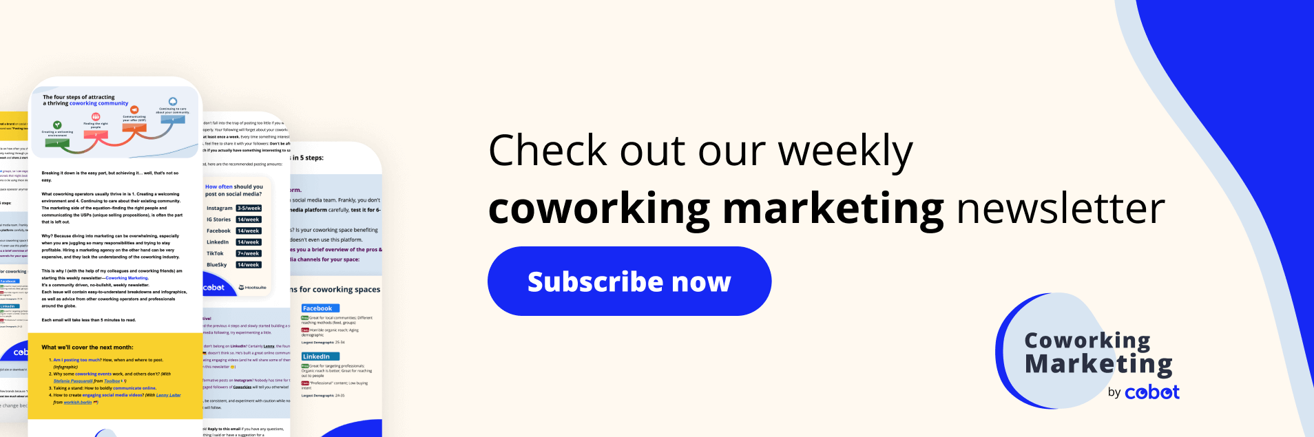 CTA to subscribe to weekly Coworking Marketing newsletter by Cobot