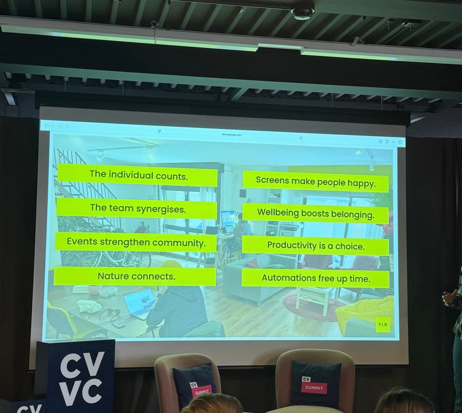 Claire Carpenter's slide showing the 8 keys to boutique coworking success from The Living Room (TLR).