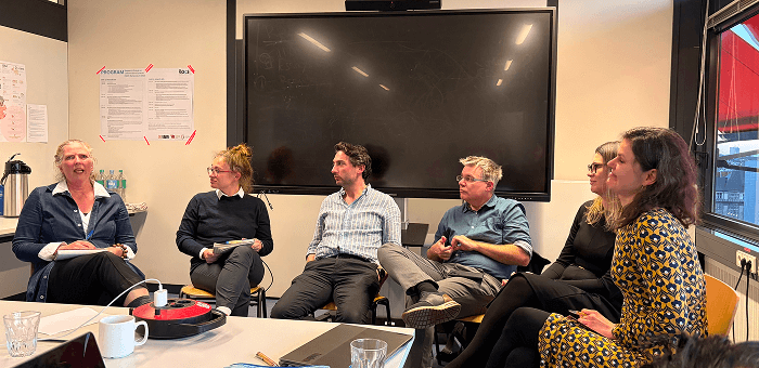 From left to right: Katja Hellekötter, Katarzyna Wojnar, Ferhat Engel, Christopher Weiß, Gislene Feiten Haubrich, and moderator Alexandra Bernhardt during the panel discussion.