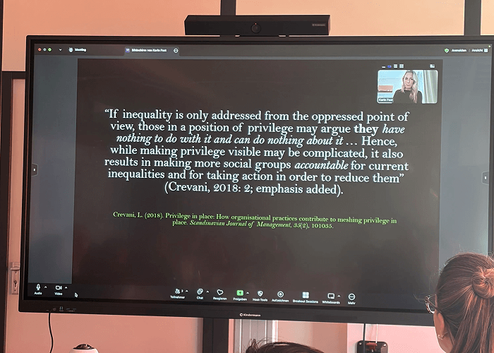 Presentation slide with a quote about inequality and privilege from Crevani (2018) displayed on a black background during a research presentation.